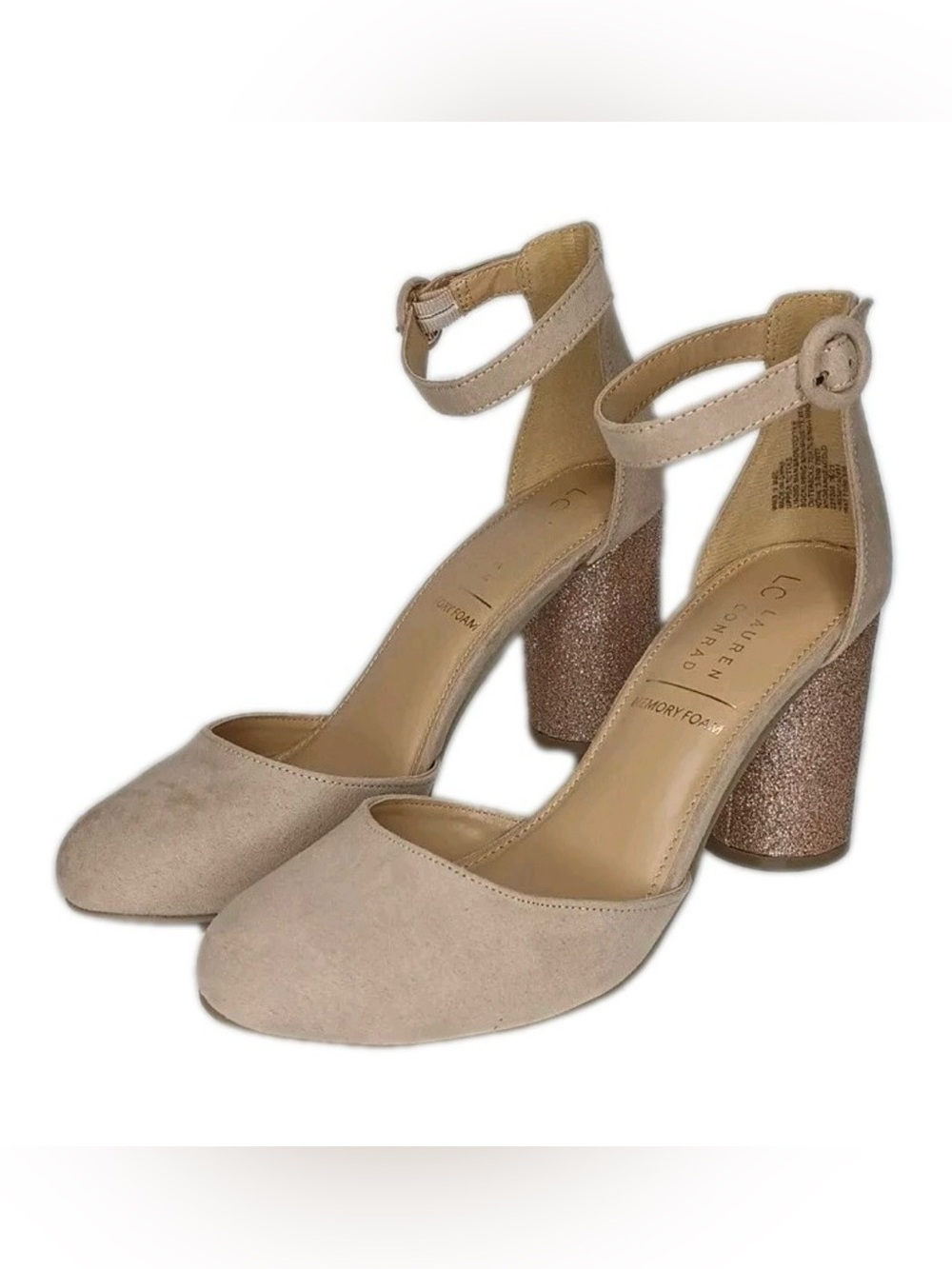 LC Lauren Conrad Beige Suede Ankle-Strap Block Heels with Rose Gold Glitter Heel